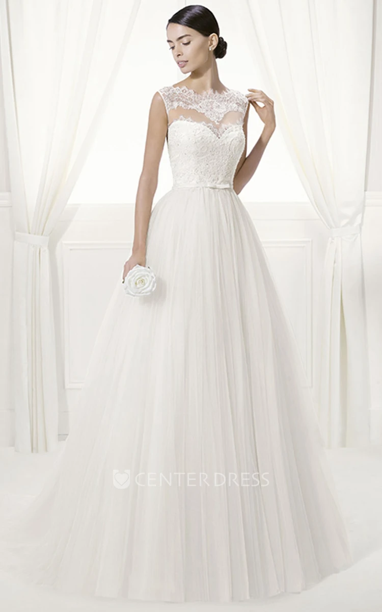 Lace High Neck Sleeveless Tulle Ball Gown With Belt And Lace Top