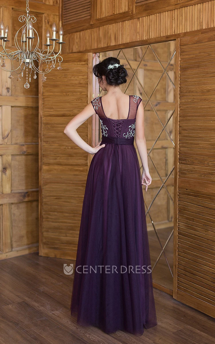 A-Line Floor-Length Bateau Short Sleeve Tulle Beading Pleats Lace-Up Dress