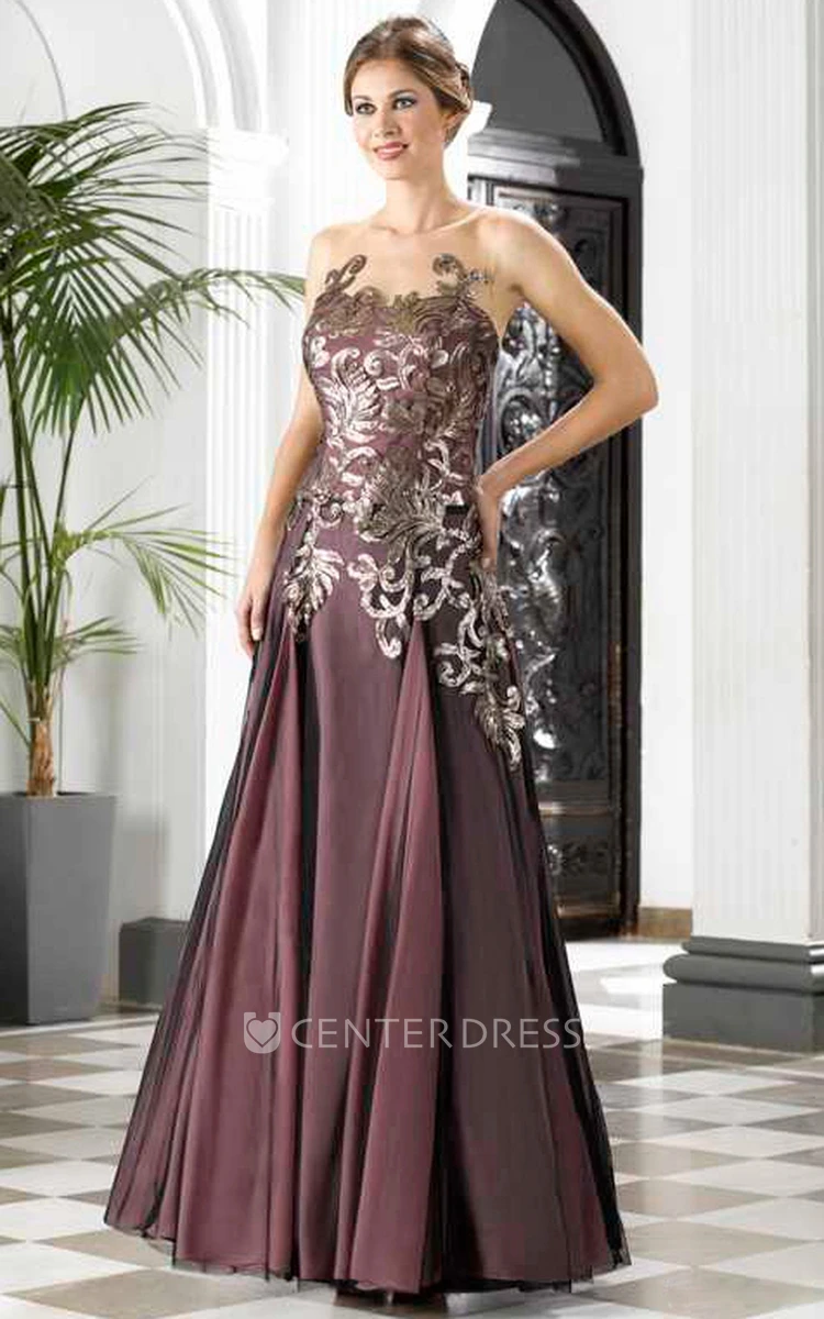 A-Line Appliqued Sleeveless Maxi Prom Dress With Pleats And Deep-V Back