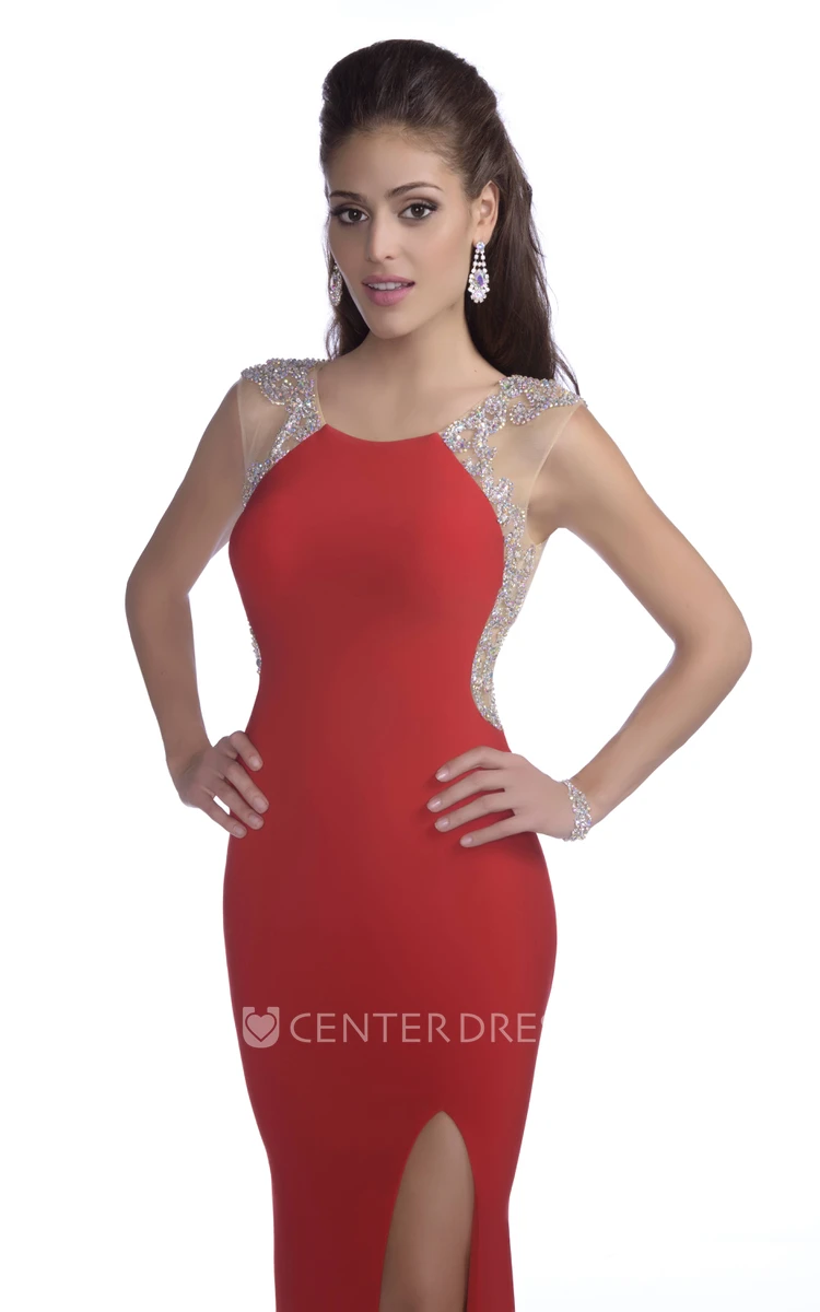 Side Slit Jersey Trumpet Sleeveless Prom Dress With Beaded Appliques