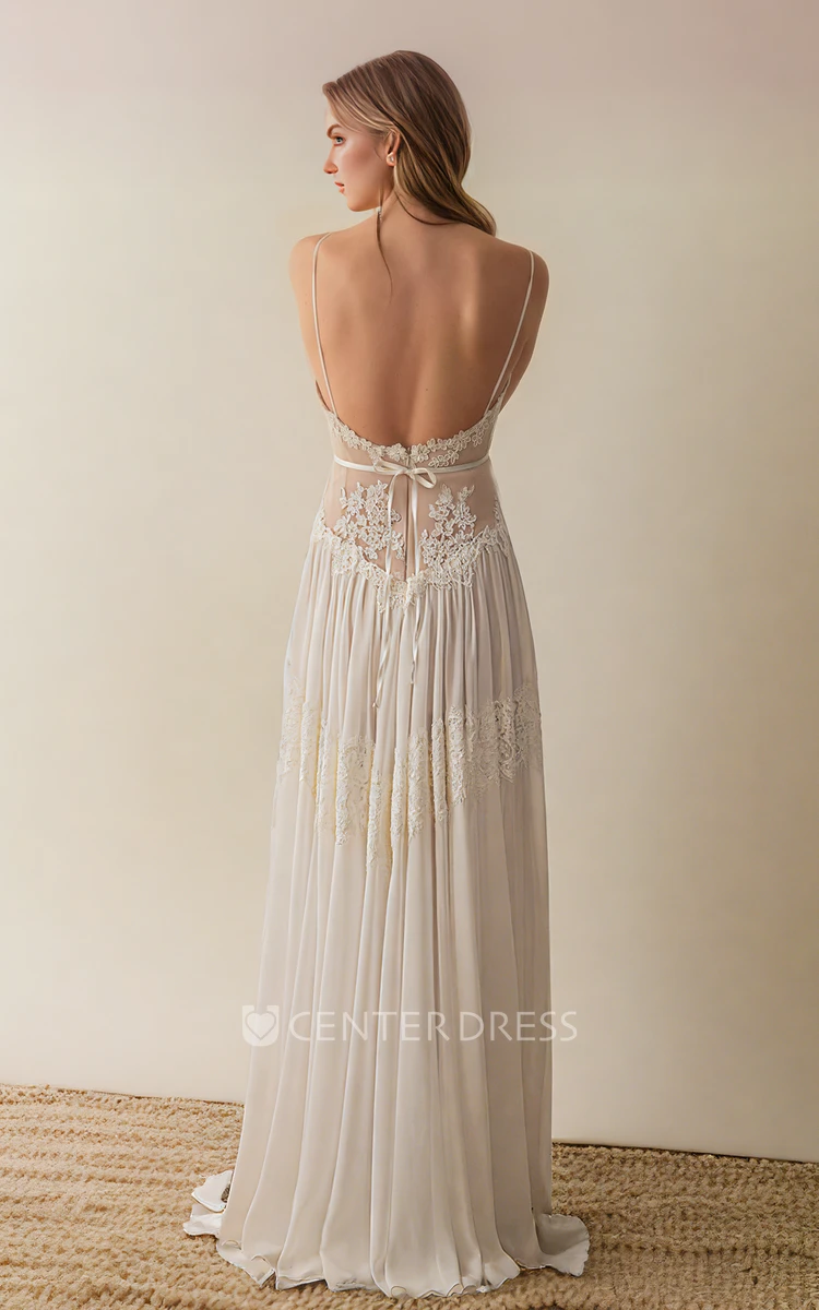 Sexy Bohemian Spaghetti V-neck A-Line Lace Chiffon Wedding Dress Elegant Floor-length Sleeveless Backless Bridal Gown with Sash