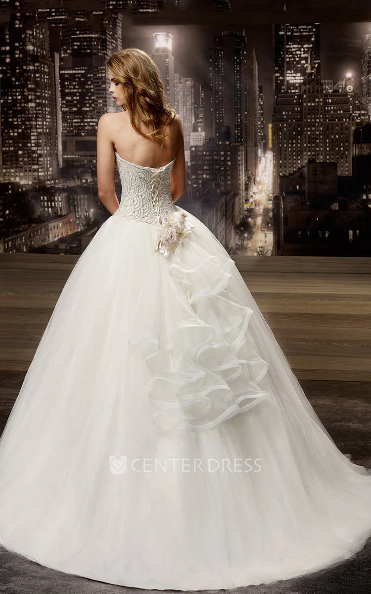 Sweetheart Ruffles A-line Wedding Gown with Waves Beaded Bodice and Lace-up Back