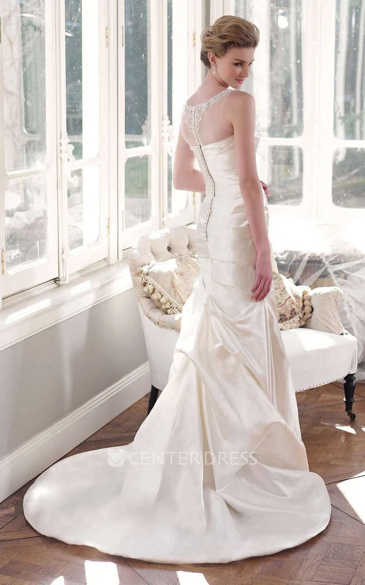 A-Line Scoop Sleeveless Floor-Length Beaded Satin Wedding Dress With Pick Up And Illusion Back