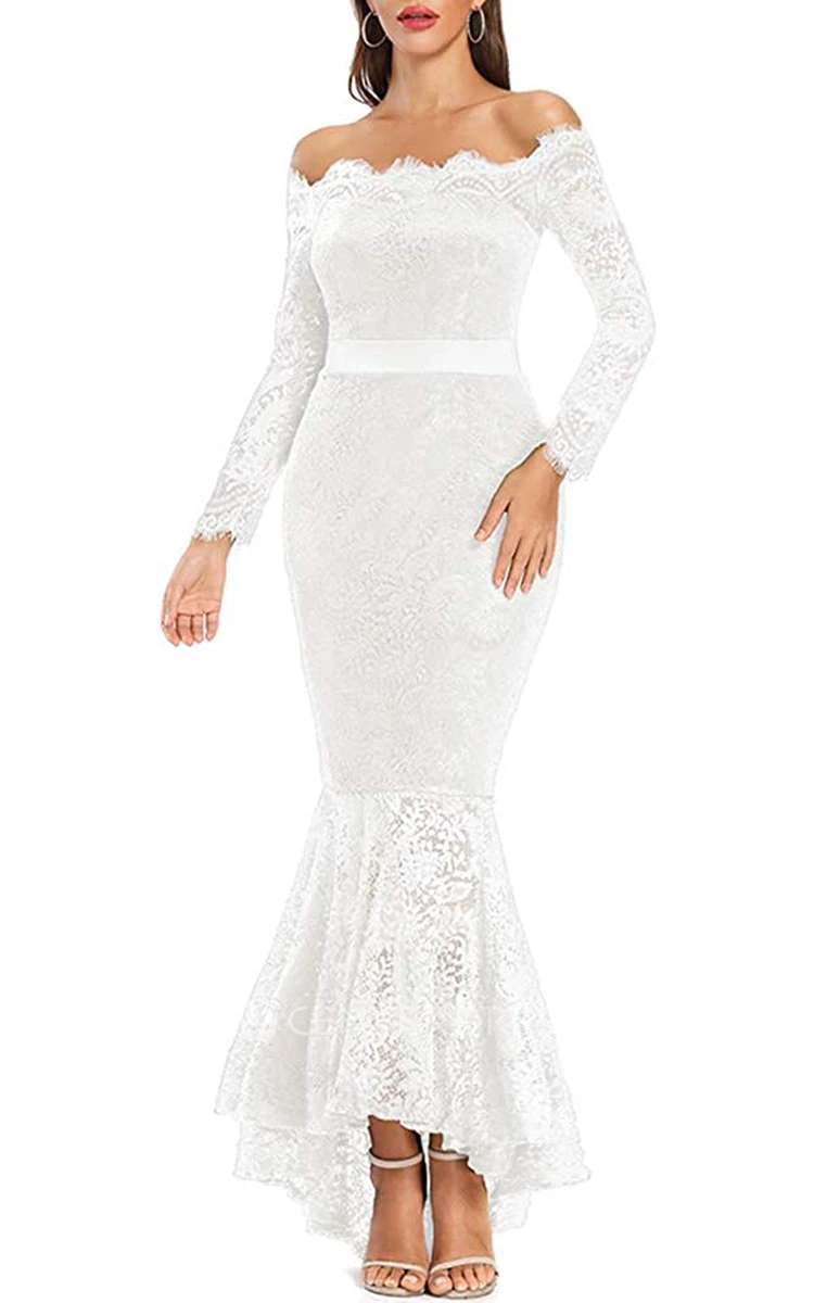 Elegant Lace Long Sleeve Mermaid Off-the-shoulder Prom Dress With Sash