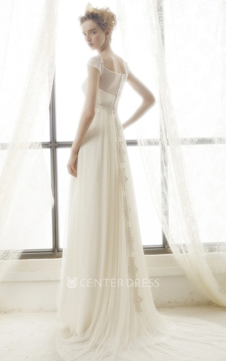 Sheath Maxi Cap-Sleeve Pleated Empire Square-Neck Tulle Wedding Dress With Appliques And Illusion
