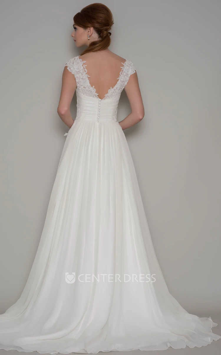 Floor-Length Ruched Cap-Sleeve Square-Neck Chiffon Wedding Dress With Lace And Pleats