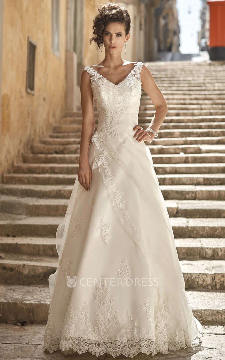 A-Line Appliqued V-Neck Long Sleeveless Satin&Lace Wedding Dress With Side Draping