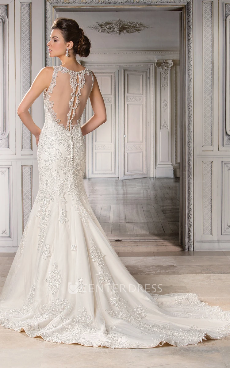 Sleeveless V-Neck Mermaid Wedding Dress With Appliques And Illusion Back