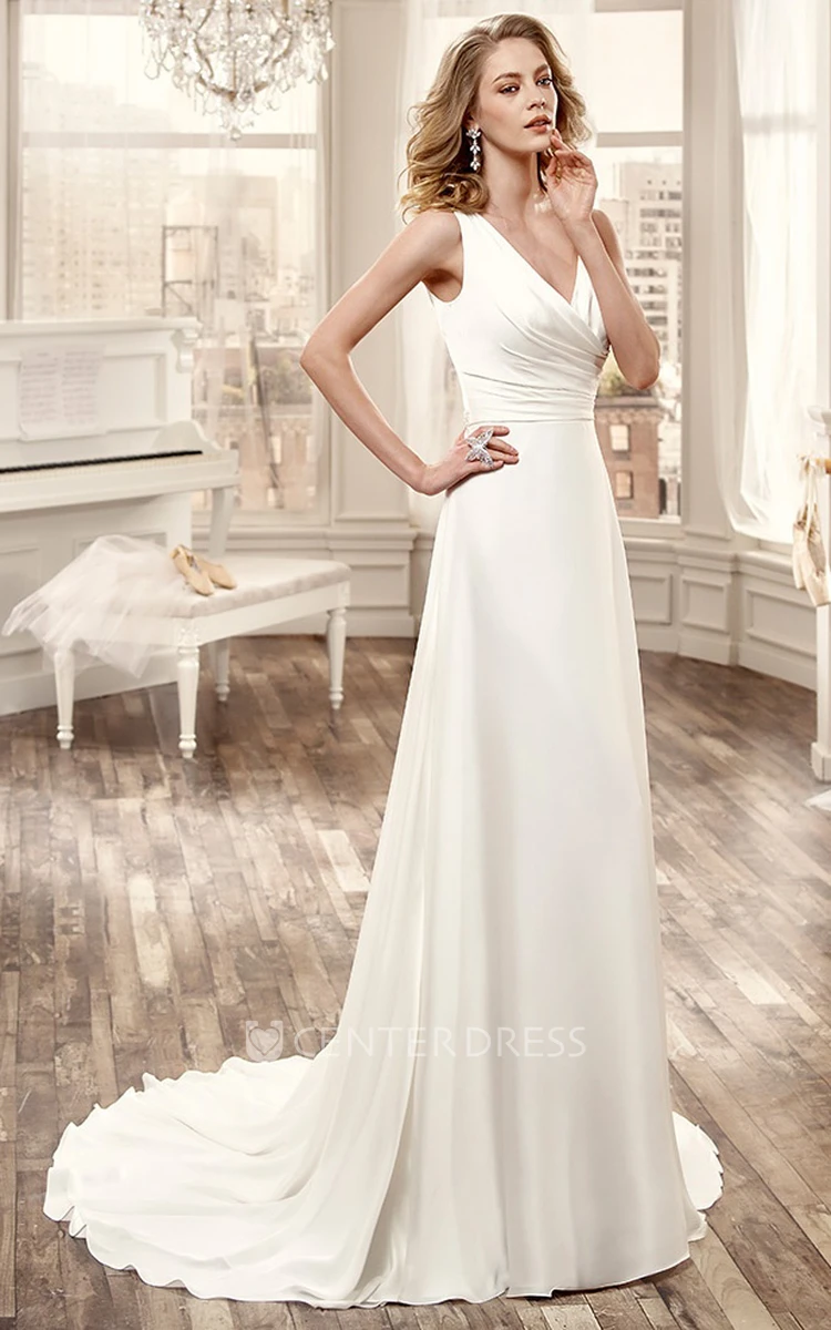 Cap-Sleeve Low-V Neckline Chiffon Wedding Dress With Brush Train
