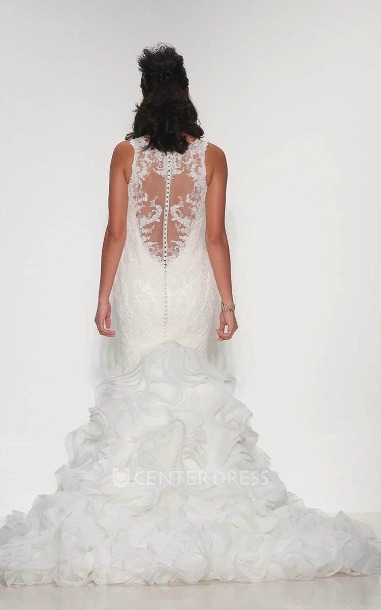 Mermaid Floor-Length Jewel Appliqued Sleeveless Lace Wedding Dress With Ruffles And Illusion Back