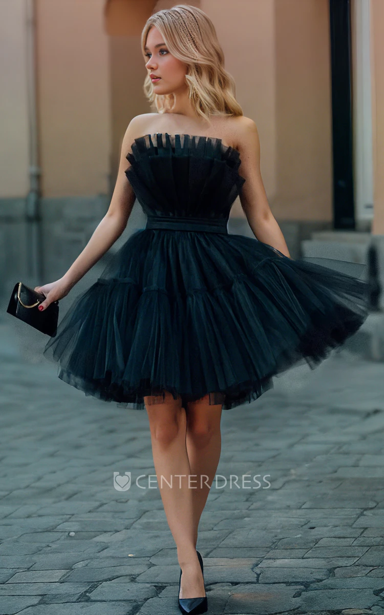 Playful Cocktail Party A-Line Strapless Tulle Homecoming Dress Sexy Adorable Solid Short Mini Sleeveless Prom Dress with Corset Back