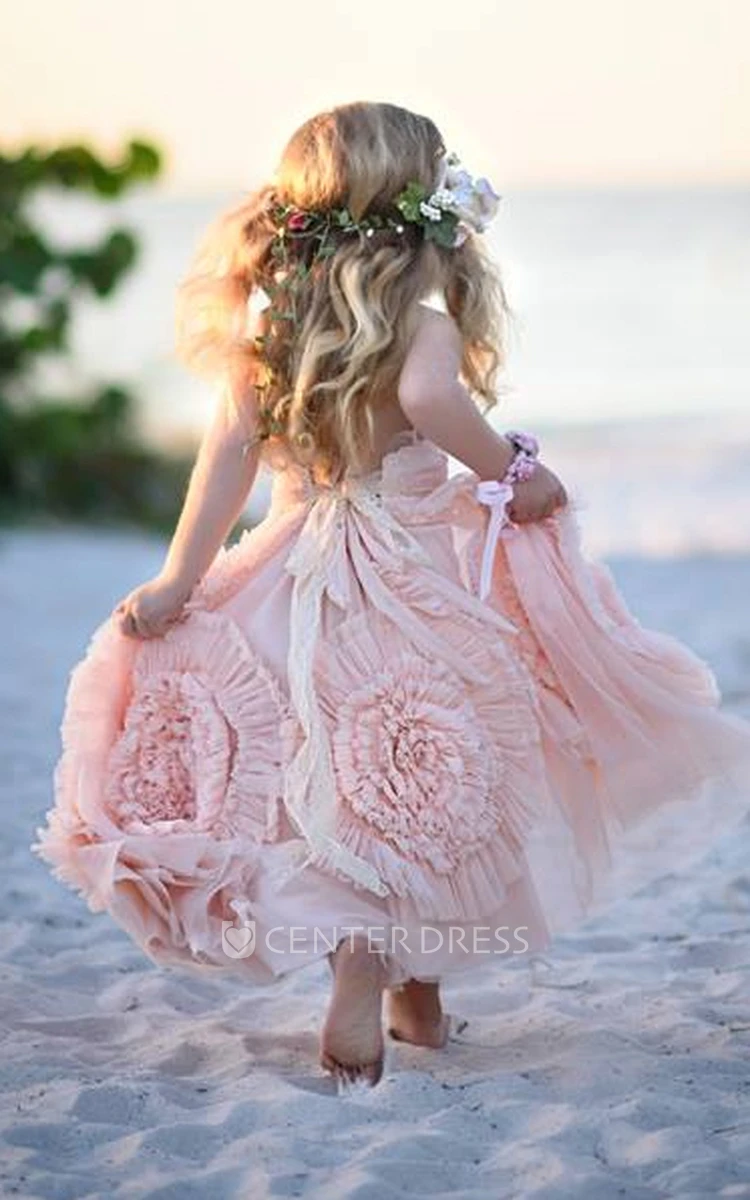 Dreaming Floor length Spaghetti Ball Gown Flower Girl Dress with Handmade Flowers