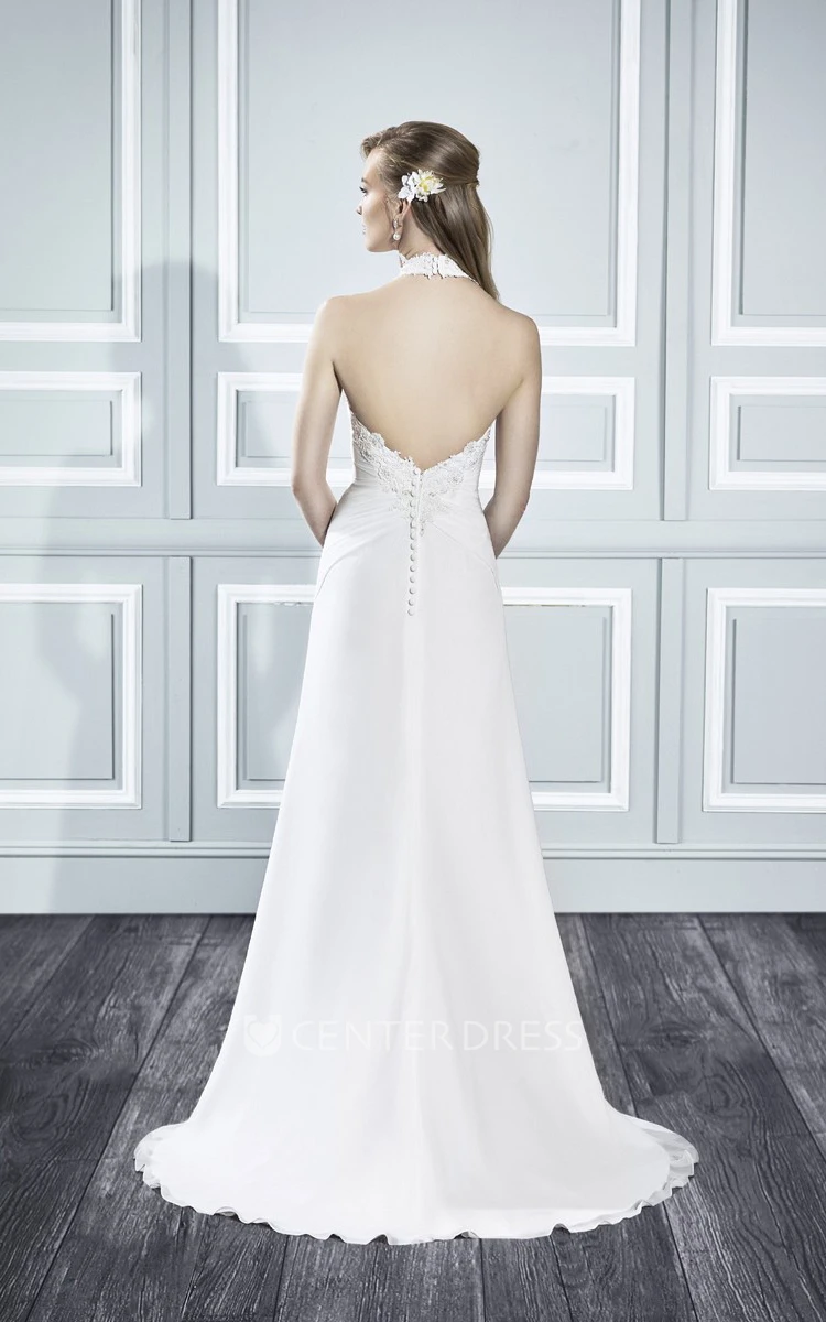 A-Line Sleeveless Floor-Length High Neck Appliqued Wedding Dress With Beading And Draping