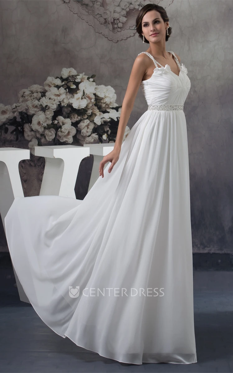 Sleeveless Straps Floor-Length Chiffon Wedding Gown with Crystal Detailing