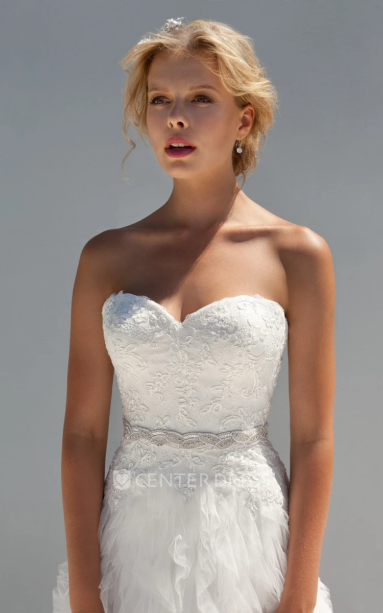 A-Line Sweetheart Floor-Length Cascading-Ruffle Sleeveless Tulle Wedding Dress With Appliques And Waist Jewellery