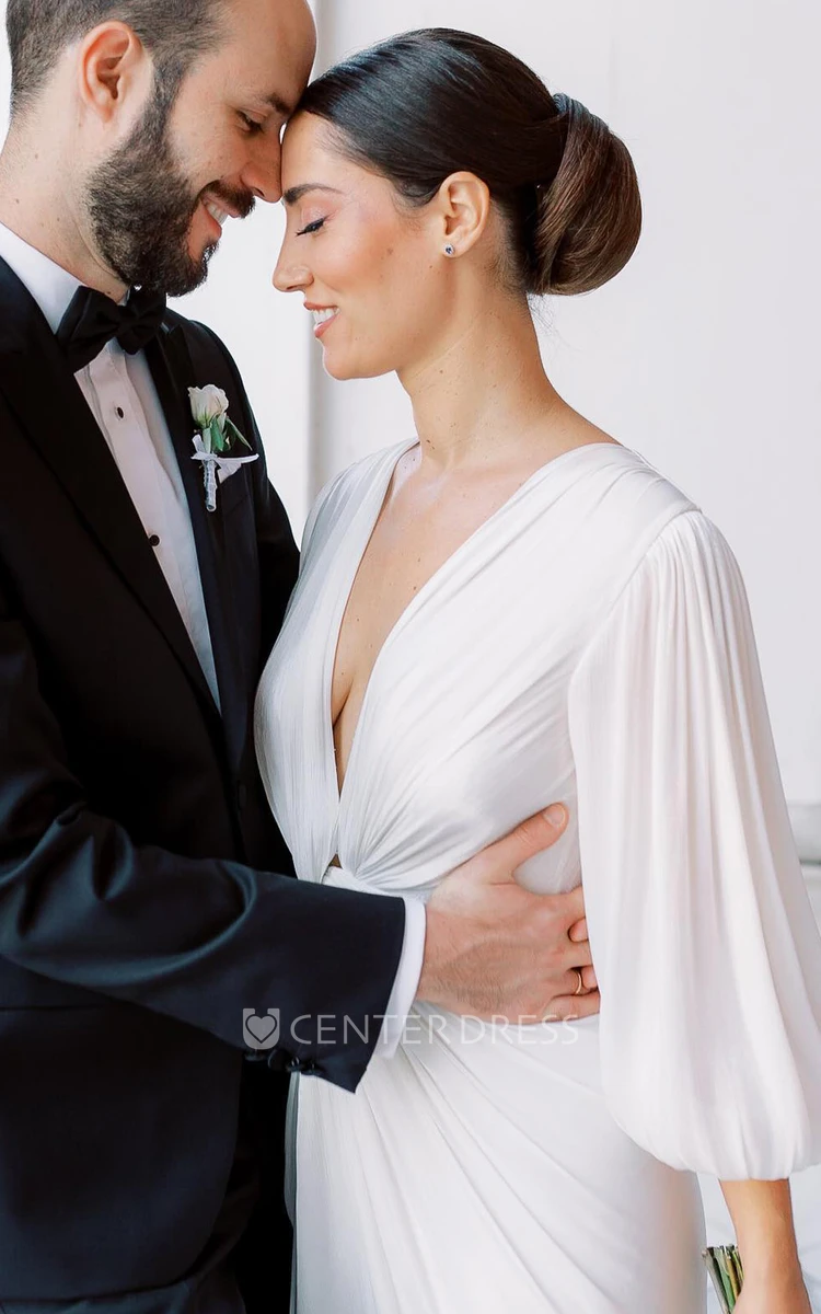 Elegant Sheath V-neck Chiffon Wedding Dress With Keyhole Back And Ruching