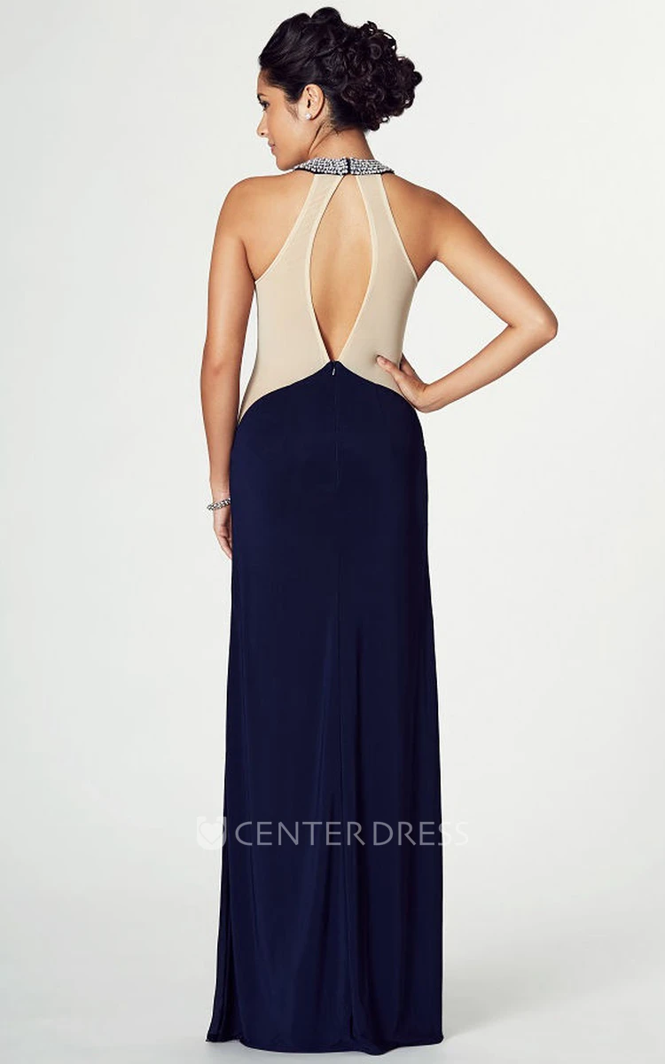 Sheath Long Sleeveless Beaded Scoop Chiffon Prom Dress With Illusion Back And Split Front