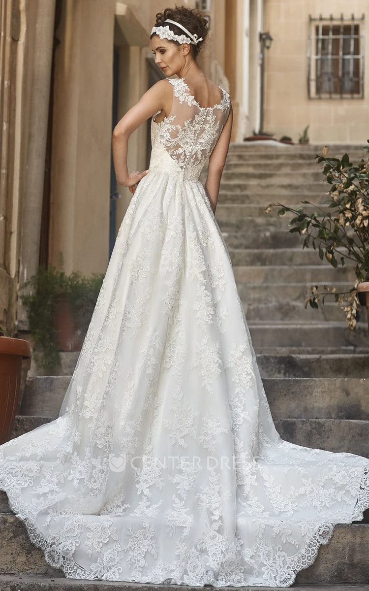 A-Line Sleeveless V-Neck Long Appliqued Lace Wedding Dress