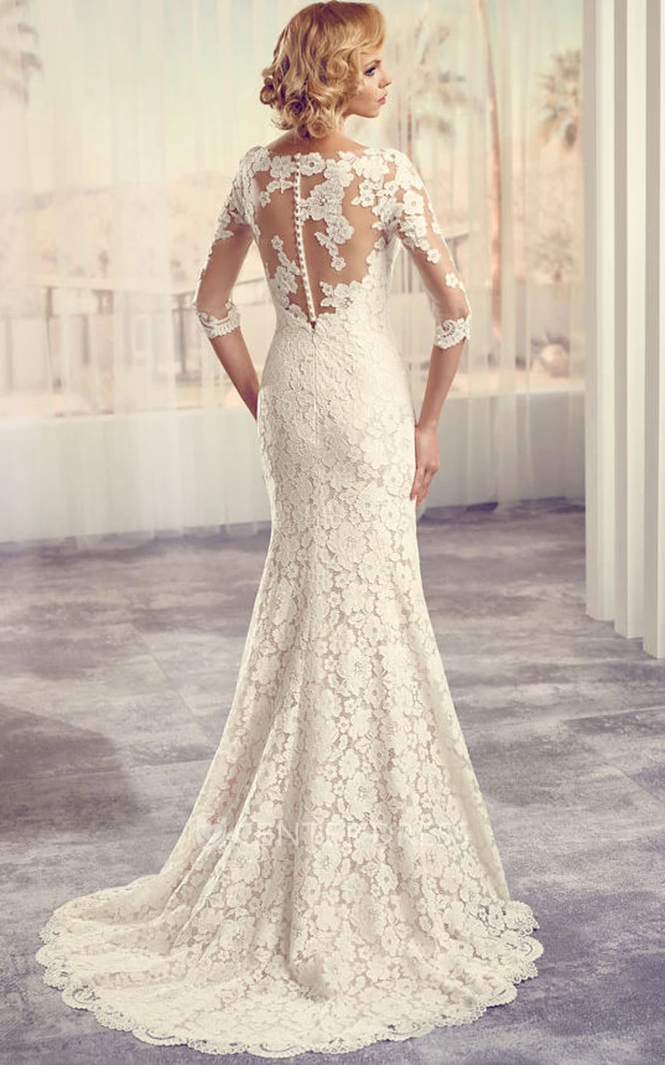 Floor-Length Scoop Split-Front Long-Sleeve Lace Wedding Dress