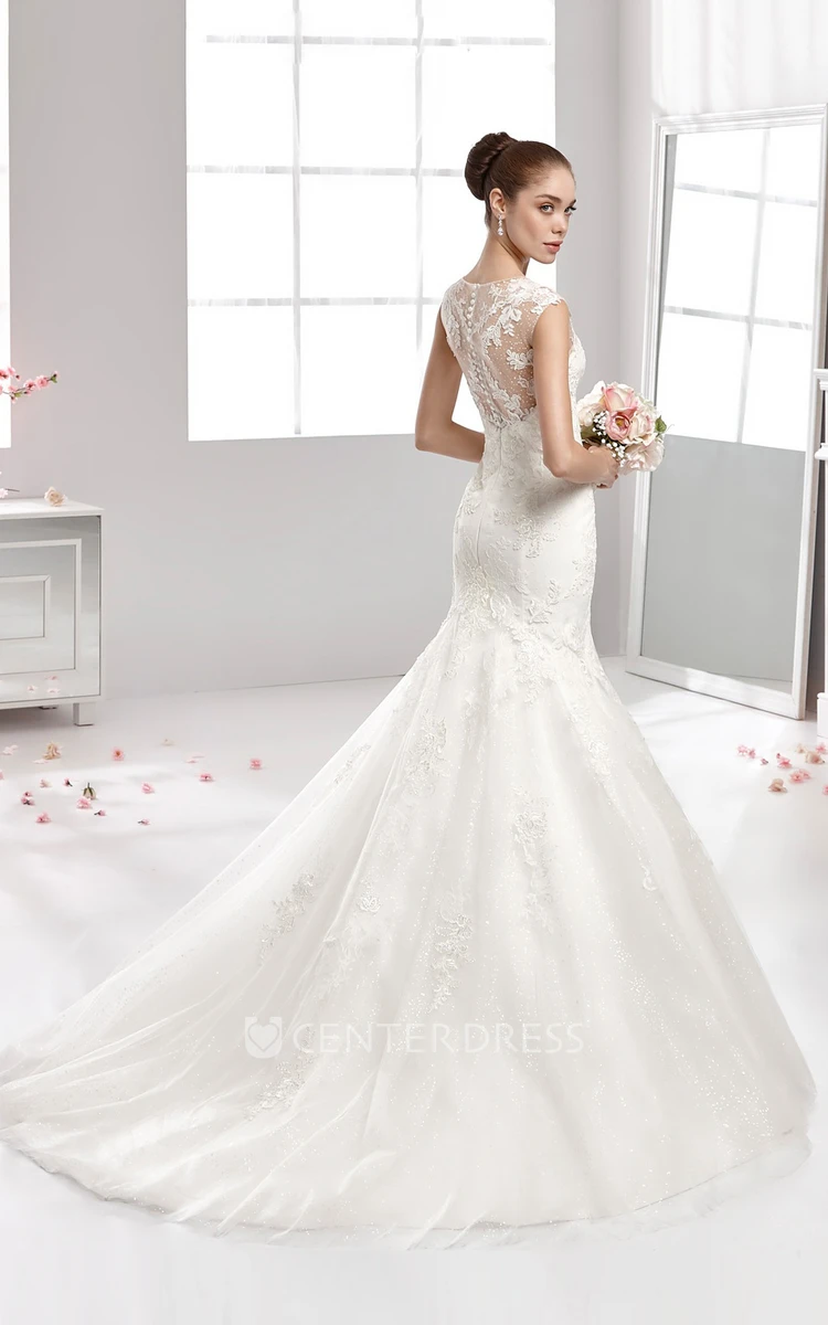 Jewel-Neck Mermaid Lace-Applique Gown With Illusive Neckline And Pleated Train