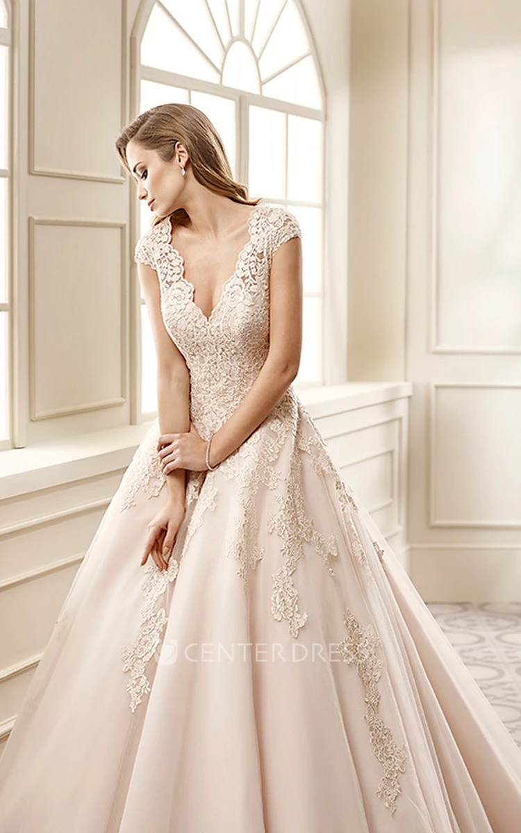 A-Line Appliqued V-Neck Cap-Sleeve Floor-Length Lace Wedding Dress With Pleats