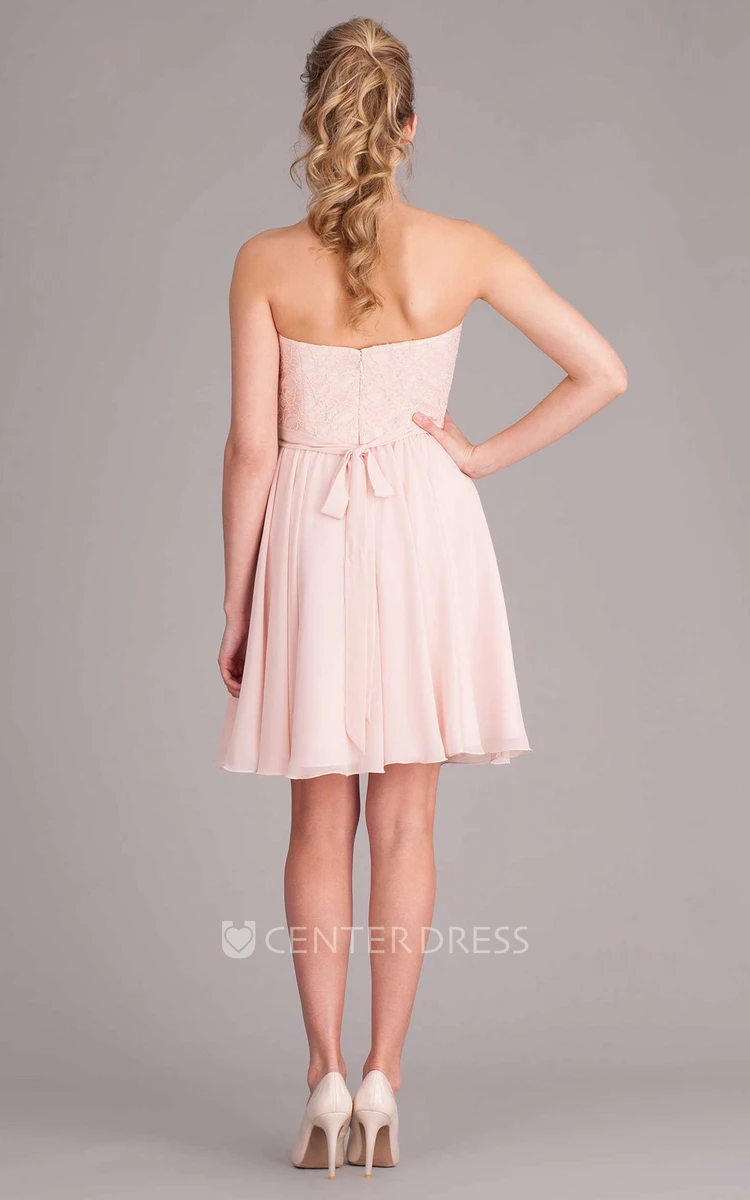 Mini A-Line Sleeveless Sweetheart Lace Chiffon Bridesmaid Dress With Bow