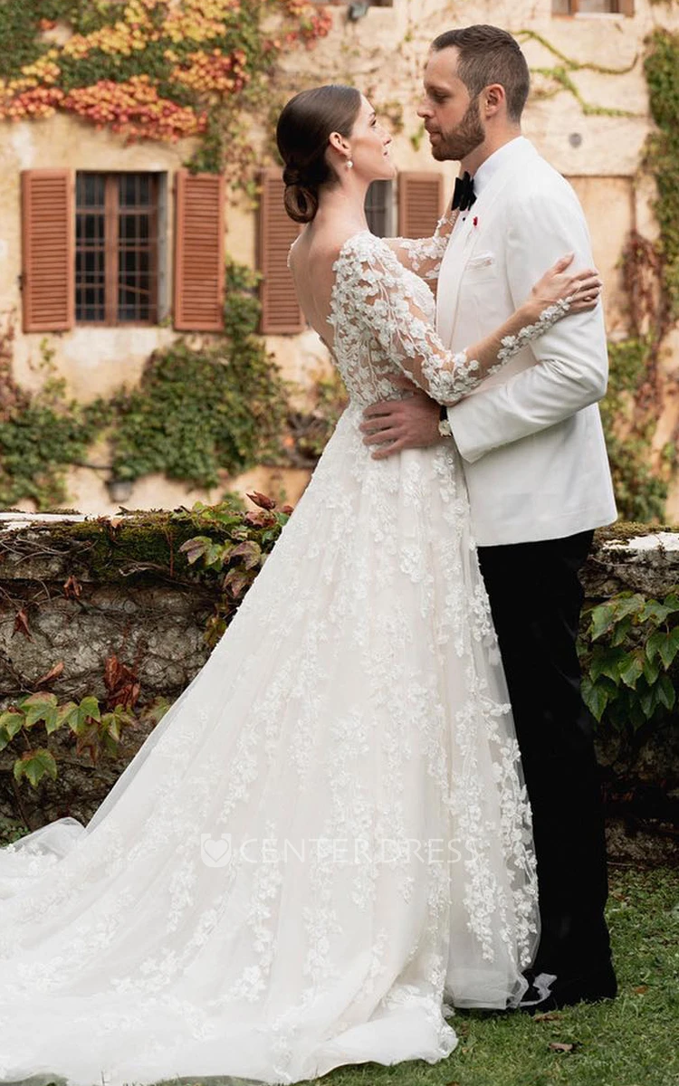 V-neck Lace A-Line Elegant Wedding Dress Appliques With Illusion Sleeve