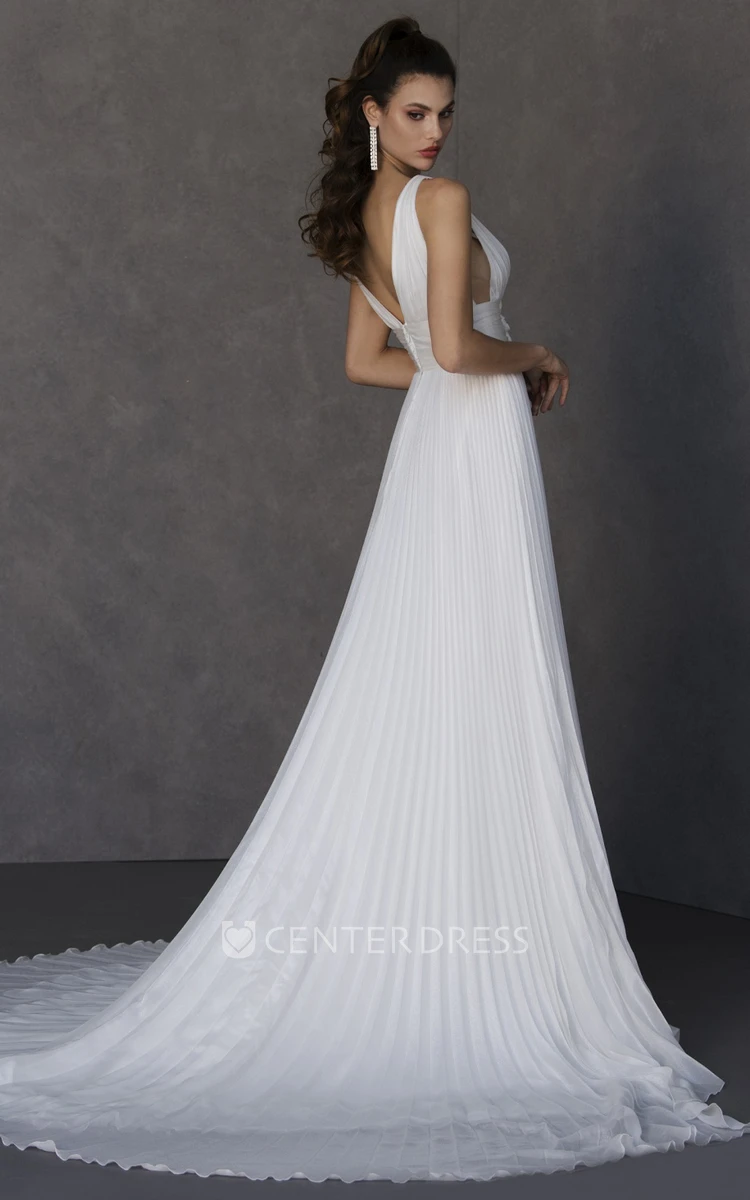 Simple A Line Floor-length Sleeveless Chiffon Wedding Dress with Ruching