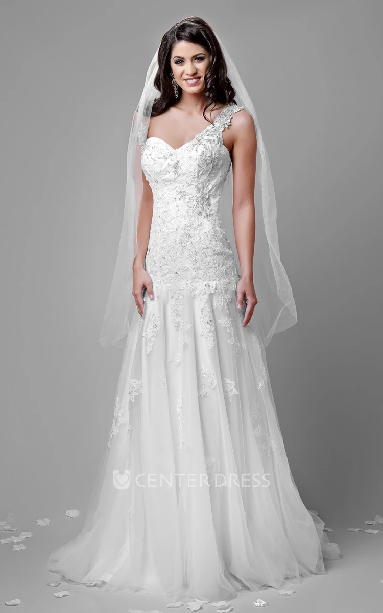 One-Shoulder Lace And Tulle A-Line Wedding Dress With Dropped Waistline