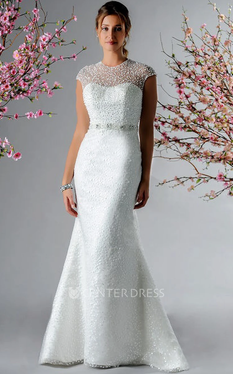 Cap Sleeve Sequined Mermaid Bridal Gown With Beading Waist