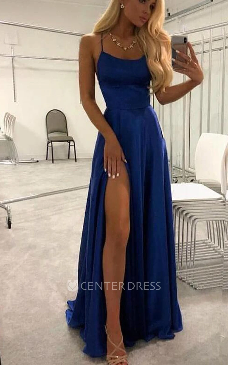 A Line Sleeveless Satin Casual Open Back Prom Dress with Split Front