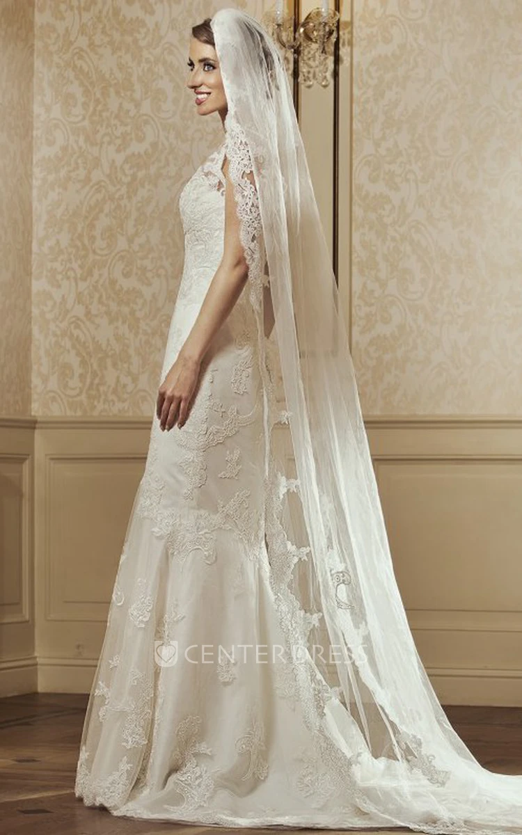 Sheath Floor-Length V-Neck Sleeveless Appliqued Lace Wedding Dress