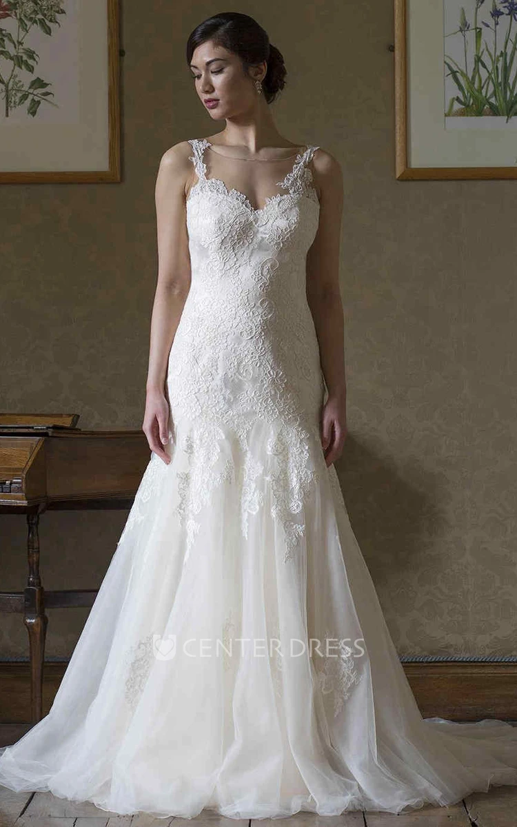 A-Line Scoop-Neck Sleeveless Appliqued Floor-Length Lace&Tulle Wedding Dress