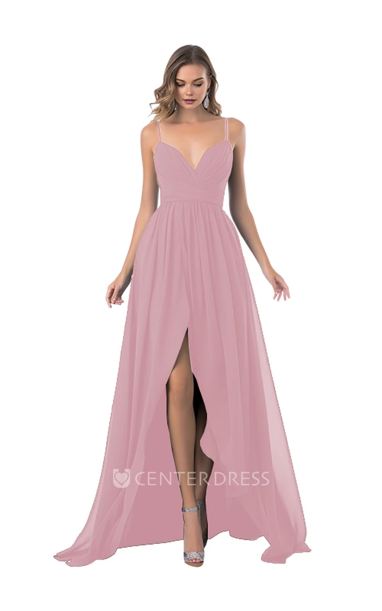 Romantic Chiffon A-Line Spaghetti Bridesmaid Dress with Front Split Elegant Wedding Dress 2023