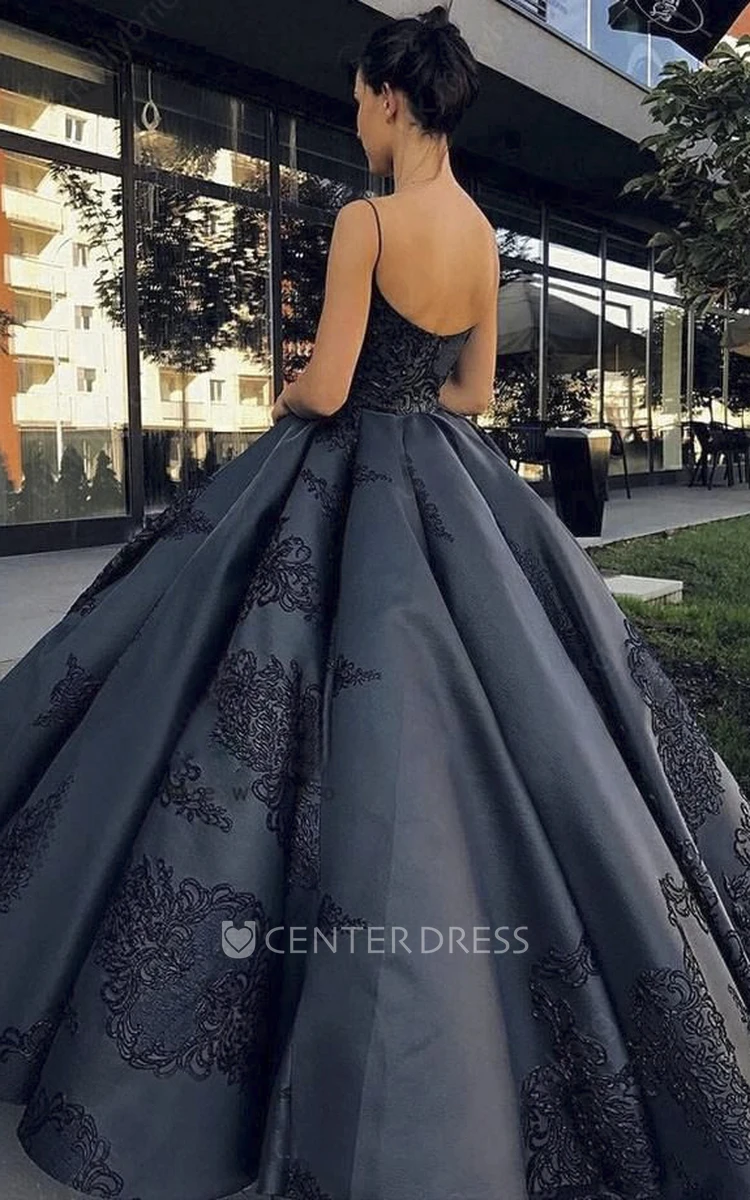 Lace Appliqued Open Back Spaghetti Elegant Satin Ball Gown With Ruffles