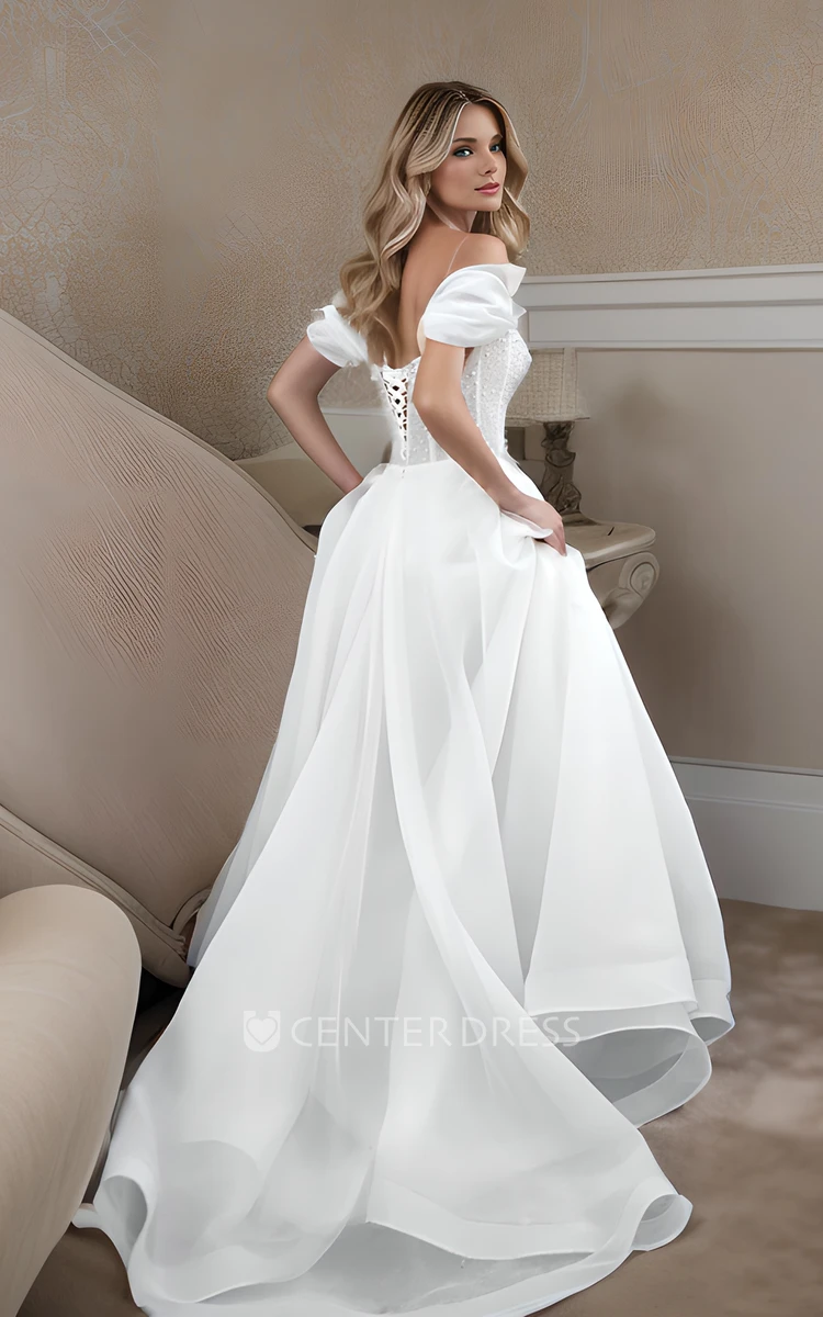 Elopement Sexy Off-the-Shoulder A-Line Pearl Wedding Dress Flowy Airy Beach Garden City Hall Organza Lace-Up Style Bridal Gown