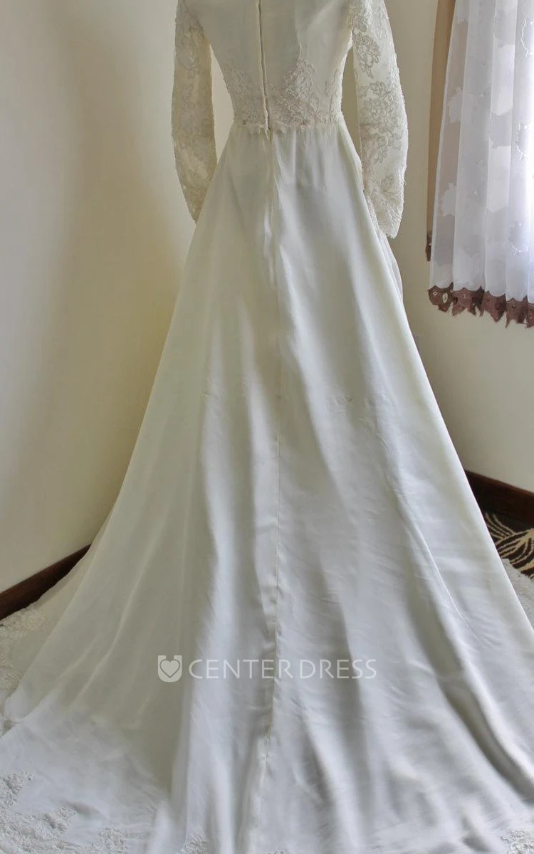 Queen Anne Neck Long Sleeve A-Line Satin Wedding Dress With Lace Hem