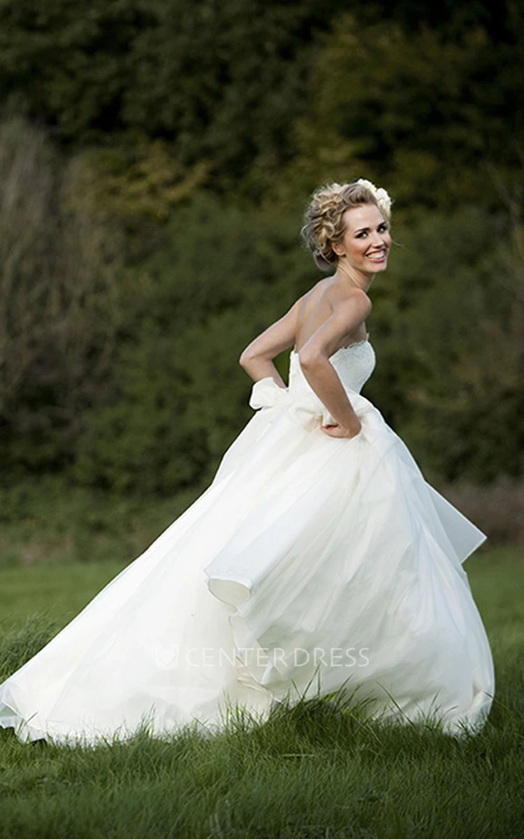 Long Strapless Appliqued Chiffon Wedding Dress With Sweep Train And V Back