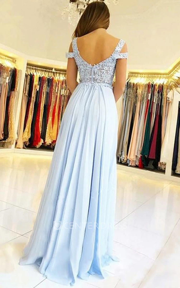 A Line Short Sleeve Chiffon Lace Elegant Zipper Illusion Prom Dress with Pleats