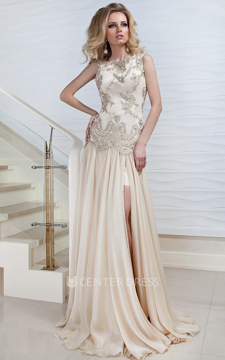 Sheath Jewel-Neck Split-Front Floor-Length Sleeveless Satin Prom Dress With Beading And Appliques