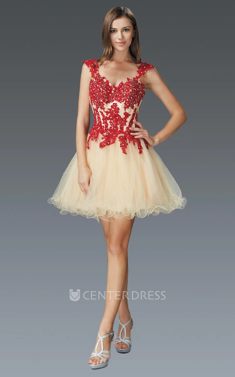 A-Line Short Queen Anne Tulle Dress With Appliques And Beading