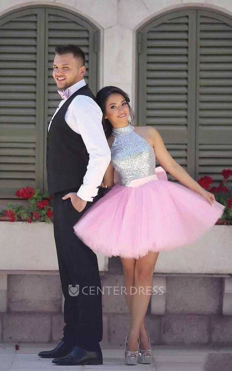 A line Halter High Neck Sleeveless Pleats Short Mini Tulle Sequins Homecoming Dress UCenter Dress