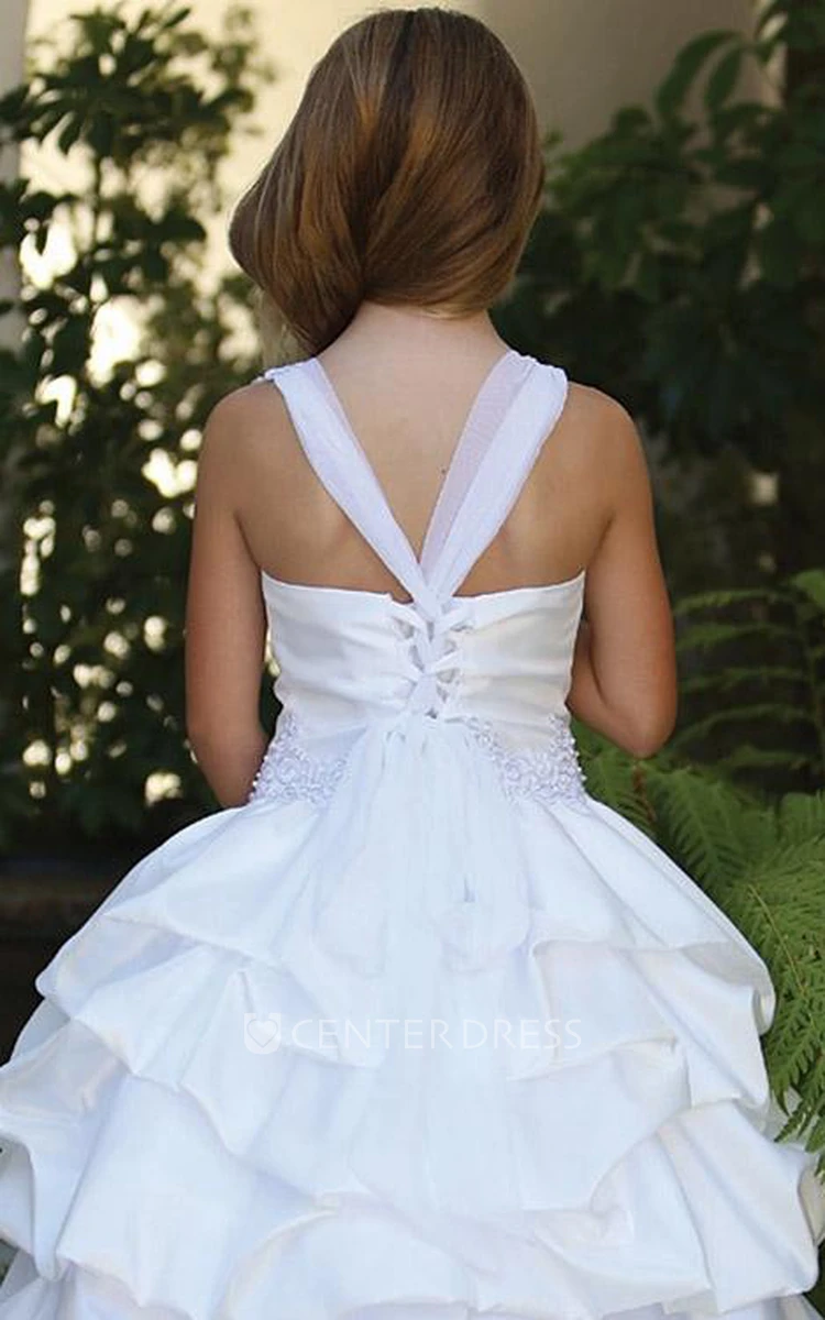 Knee-Length Appliqued Ruched Beaded Lace&Sequins Flower Girl Dress With Sequins