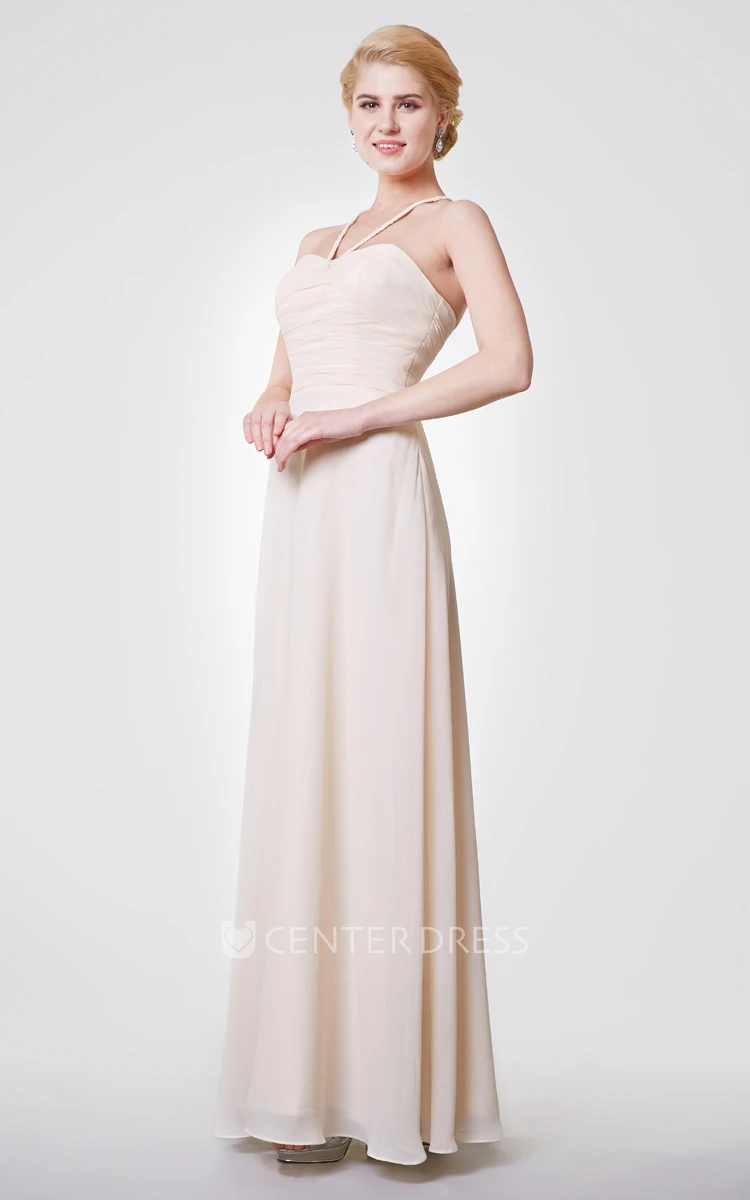Classic A-line Halter Chiffon Prom Gown With Criss-crossed Back Straps