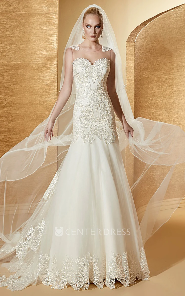 Beautiful Cap Sleeve Mermaid Lace Bridal Gown With Illusive Neckline And Appliques