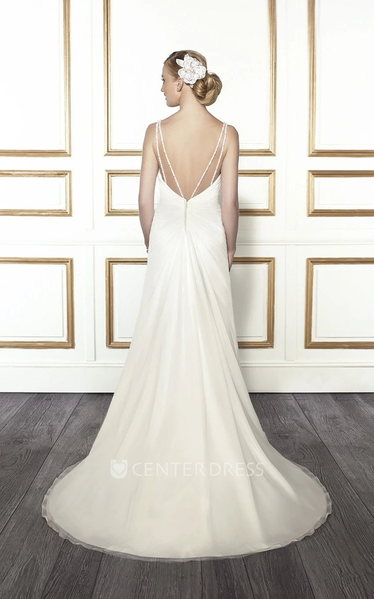 A-Line Ruched V-Neck Sleeveless Floor-Length Satin Wedding Dress With Epaulet And Low-V Back