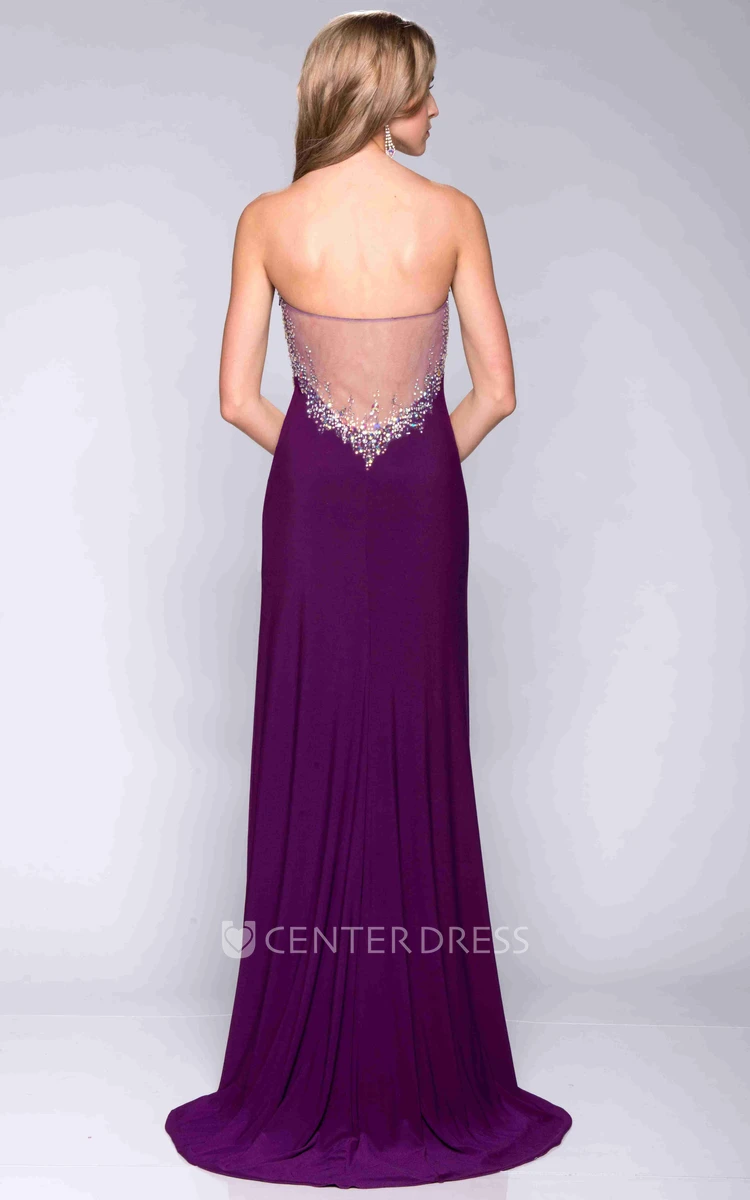 Illusion Back Side Split Form-Fitted Jersey Prom Dress With Sequin Detailing