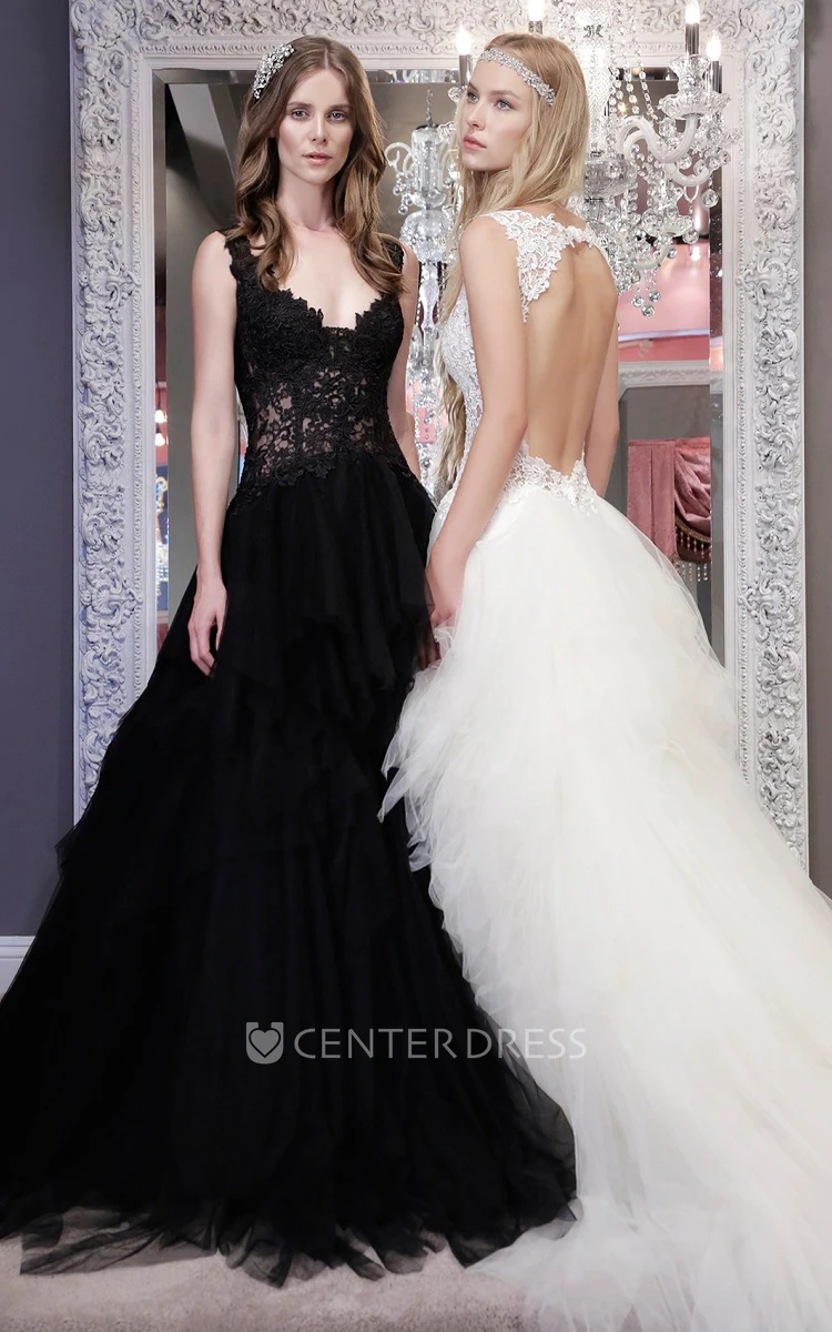Ball-Gown Lace Long V-Neck Sleeveless Tulle Wedding Dress With Backless Style And Ruffles