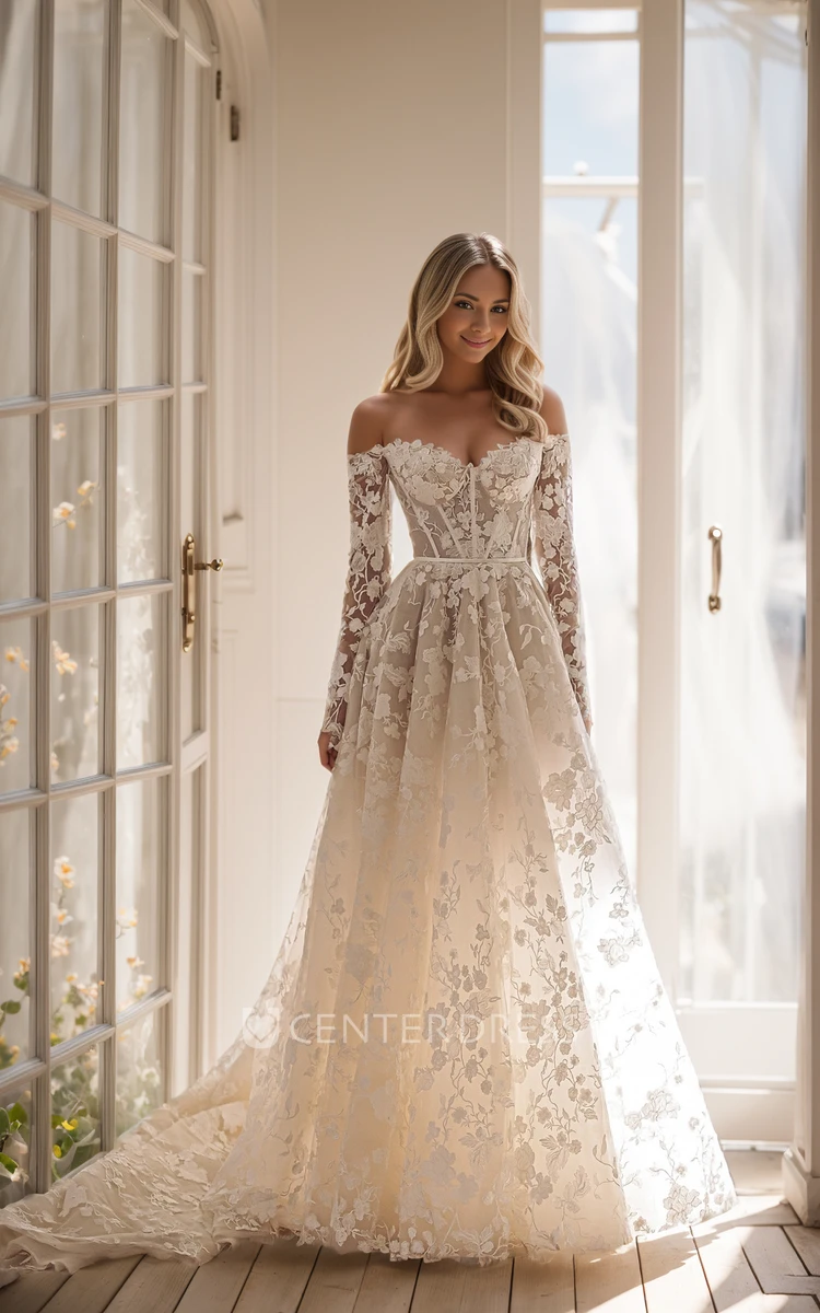 Classic Floral A-Line Lace Ballgown Princess Wedding Dress Ethereal Sexy Sweetheart Neckline Off-the-Shoulder Long Sleeve Bridal Gown