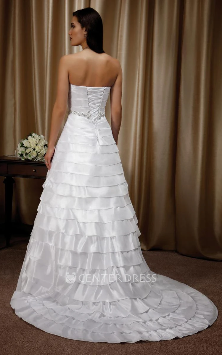 A-Line Maxi Sleeveless Strapless Tiered Satin Wedding Dress With Waist Jewellery And Lace-Up Back